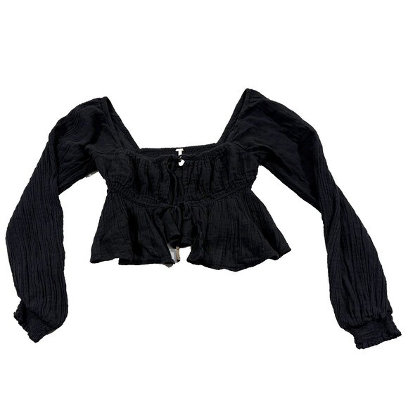 Free People Tops - Free People Black Smocked Long Sleeve Cottage Core Goth Blouse Gauzy Top Sz S
